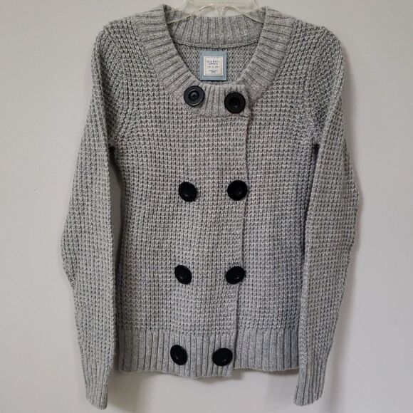 Y2K Old Navy Cardigan Sweater Womens Medium Gray Waffle Knit Double Breasted - Picture 1 of 5